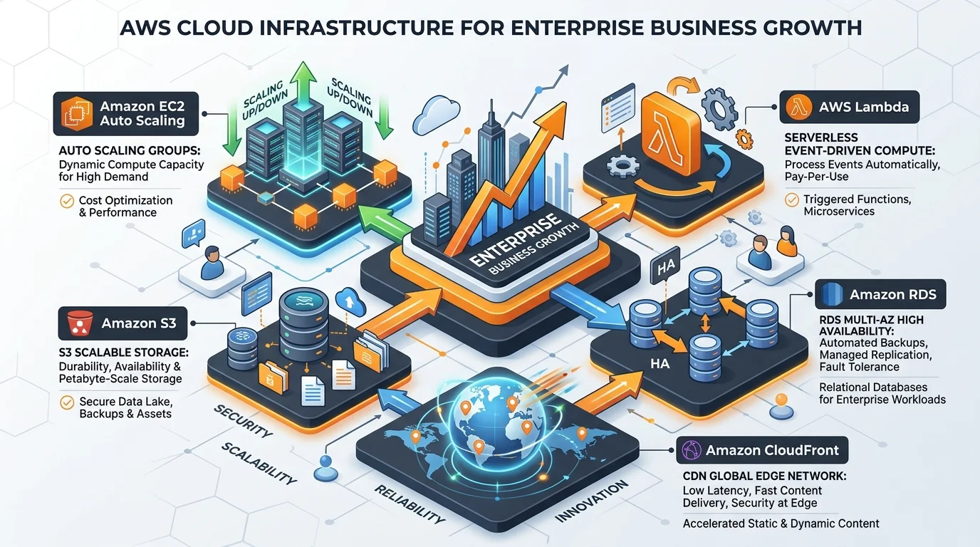 AWS Cloud Infrastructure for Enterprise Business Growth: Auto Scaling EC2, S3 Storage, RDS Multi-AZ, and Serverless Lambda