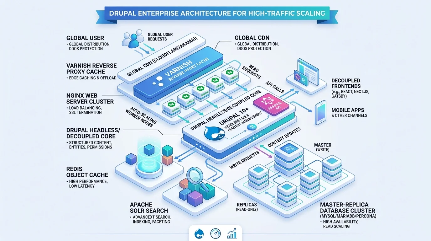 Drupal Enterprise Architecture for High-Traffic Scaling: CDN Offloading, Varnish Reverse Proxy, Redis Cache, and Solr Search