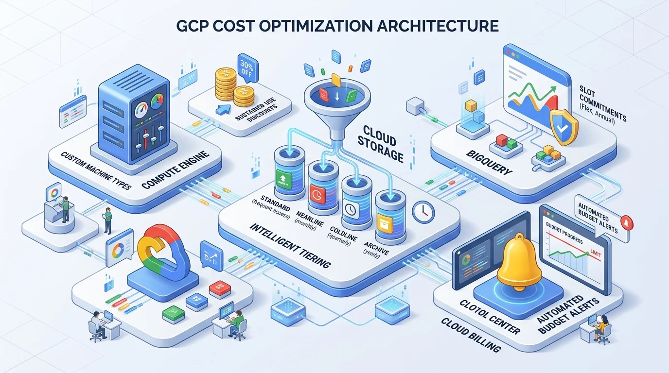 Google Cloud Platform (GCP) Cost Optimization Architecture: Custom Compute Types, Storage Tiering, and BigQuery Analysis