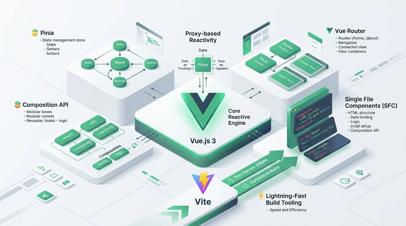 Vue.js 3 Modern Ecosystem: Proxy-Based Reactivity, Composition API, SFCs, Pinia State Store, and Vite Tooling